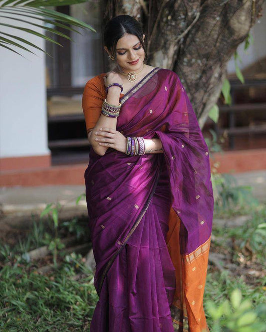 Most Elegant Wine Pure Cotton Silk Saree With Contras Blouse