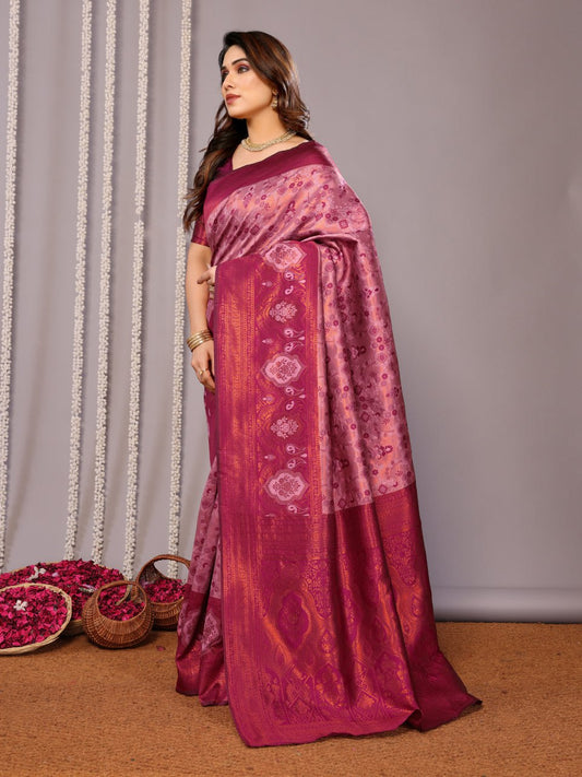 Most Stunning Rose Pink Banasari Silk Saree With Blouse