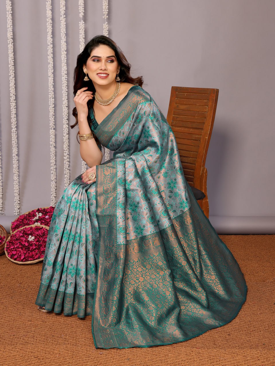 Most Stunning Teal Green Banasari Silk Saree With Blouse