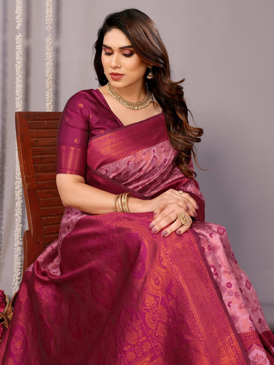 Most Stunning Rose Pink Banasari Silk Saree With Blouse