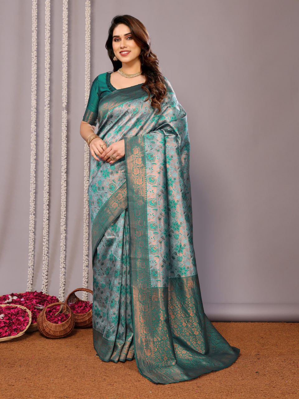 Most Stunning Teal Green Banasari Silk Saree With Blouse