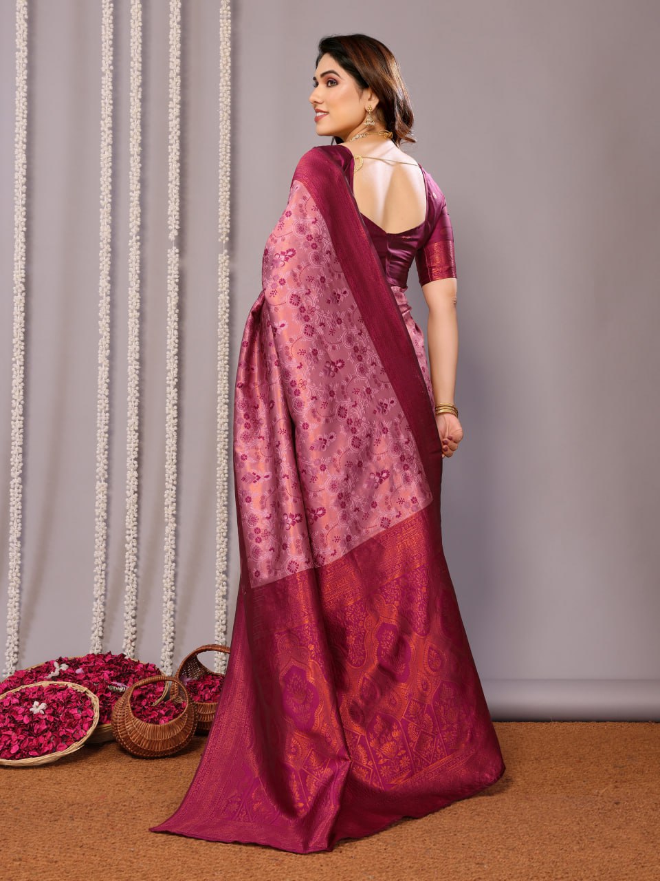 Most Stunning Rose Pink Banasari Silk Saree With Blouse