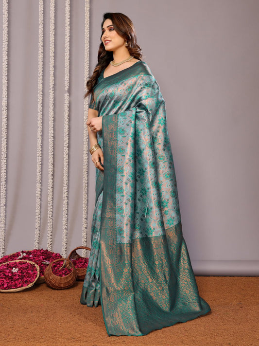 Most Stunning Teal Green Banasari Silk Saree With Blouse