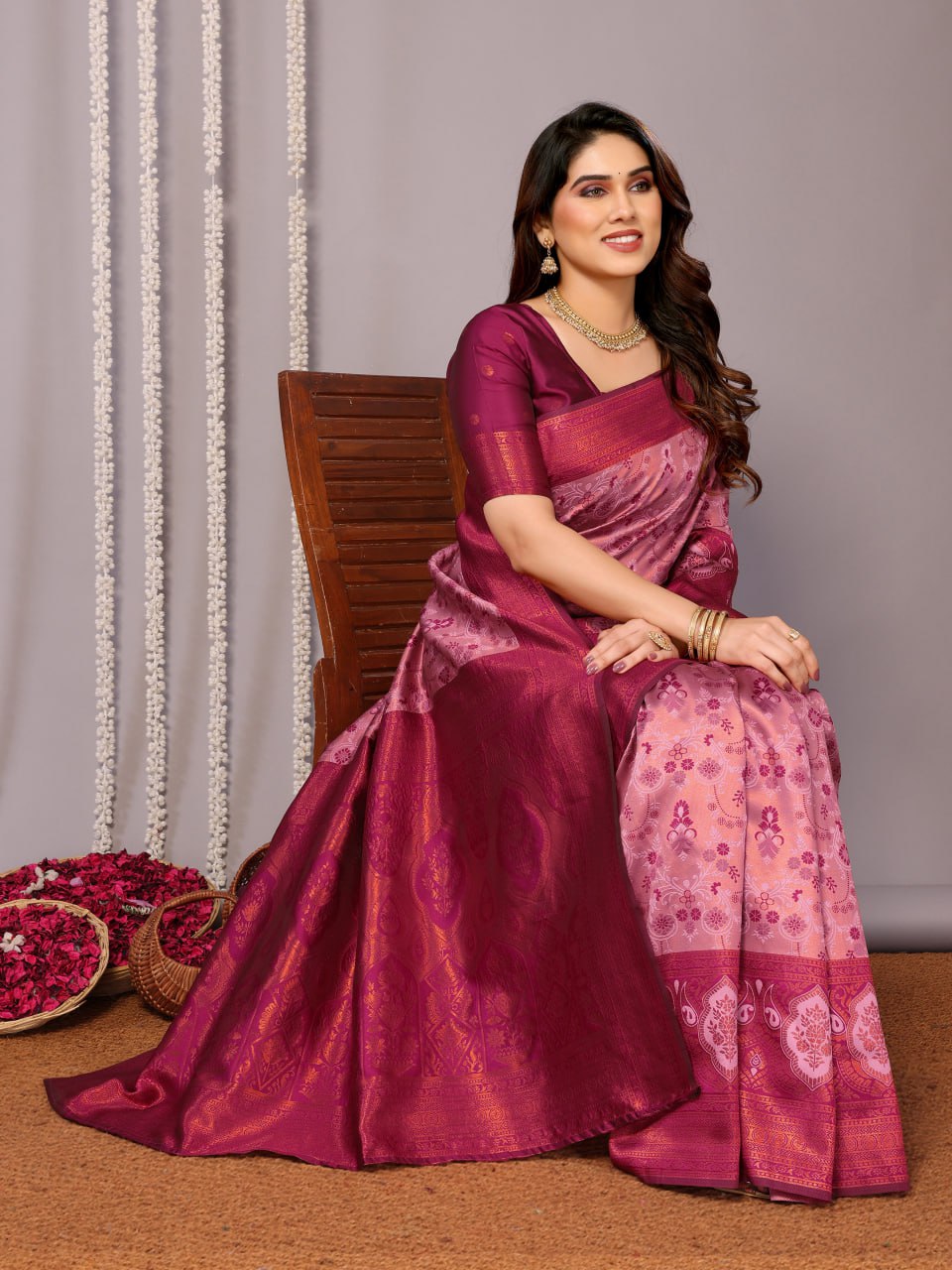 Most Stunning Rose Pink Banasari Silk Saree With Blouse