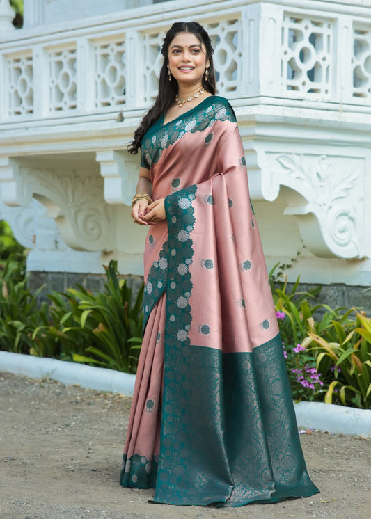 Most Charming Peach Banasari Silk Saree With Blouse