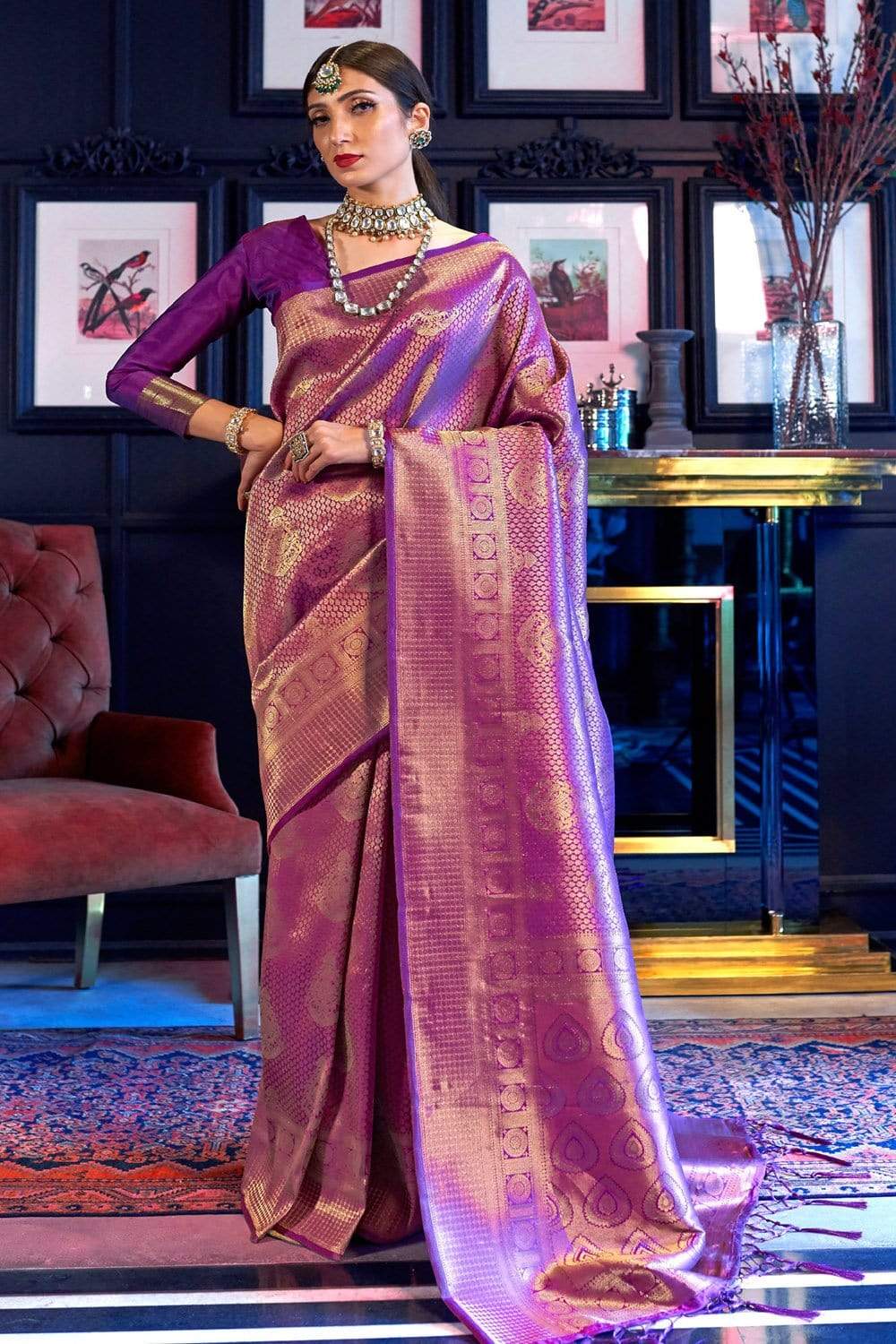 Violet & Golden Zari Woven Kanjivaram Saree With Blouse