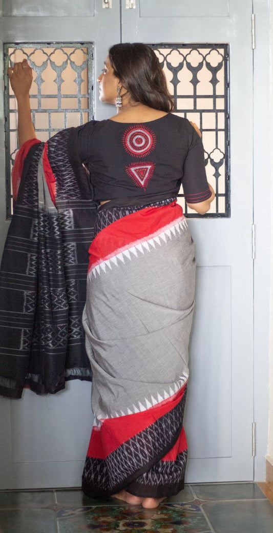 Pure Linen Cotton In Ikat Geometric Pattern With Blouse