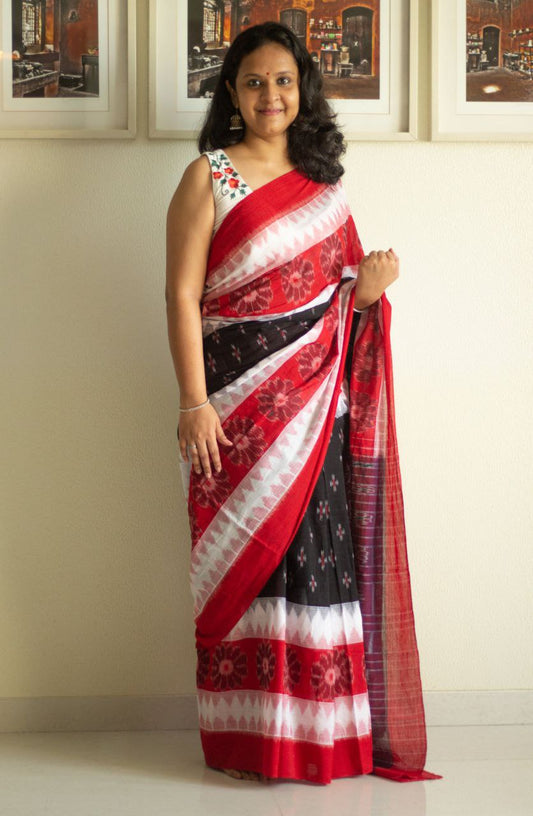 Pure Linen Cotton In Ikat Geometric Pattern With Blouse