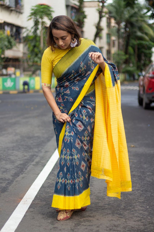 Pure Linen Cotton In Ikat Geometric Pattern With Blouse