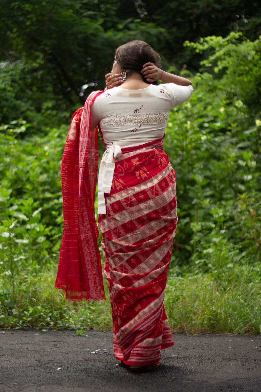 Pure Linen Cotton In Ikat Geometric Pattern With Blouse