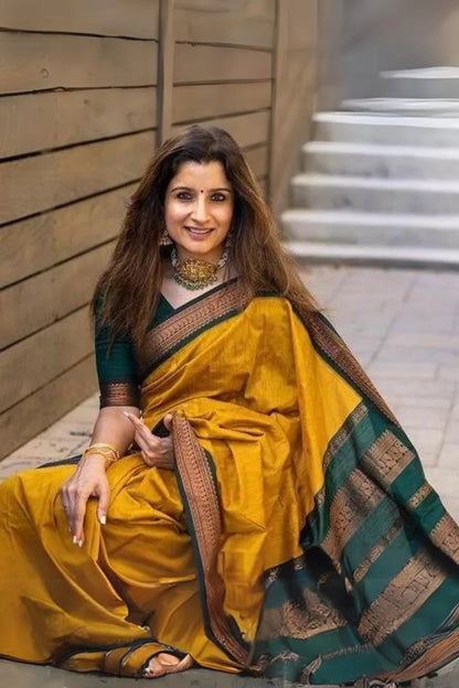 Traditional Mustard Soft Silk Saree With Unique Blouse Piece