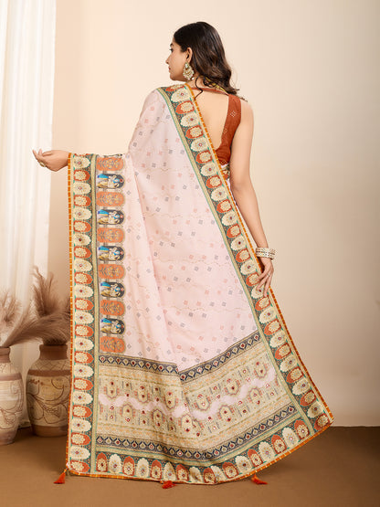 Aesthetic Muslin Cotton Printed Saree with Traditional Emboridery Motifs