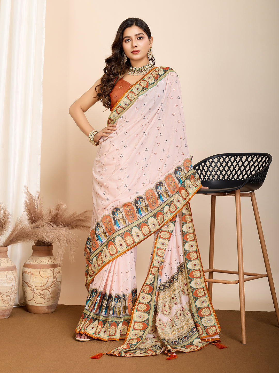 Aesthetic Muslin Cotton Printed Saree with Traditional Emboridery Motifs