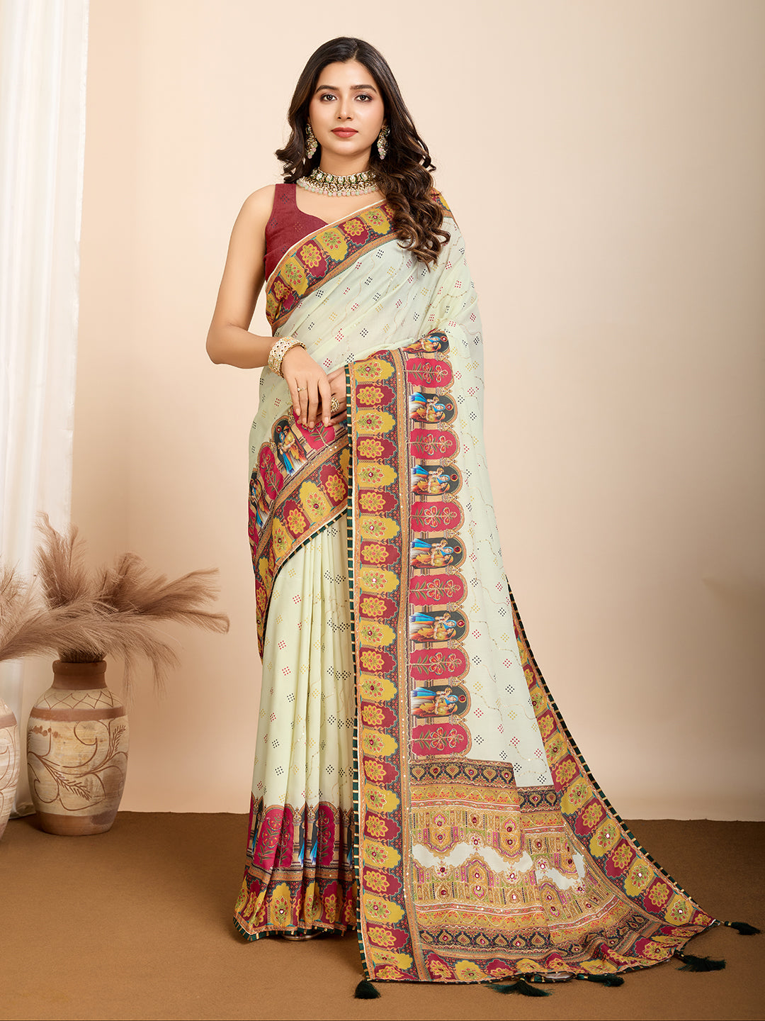 Aesthetic Muslin Cotton Printed Saree with Traditional Emboridery Motifs