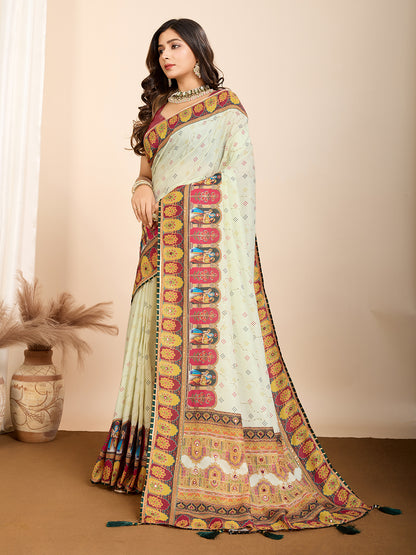 Aesthetic Muslin Cotton Printed Saree with Traditional Emboridery Motifs