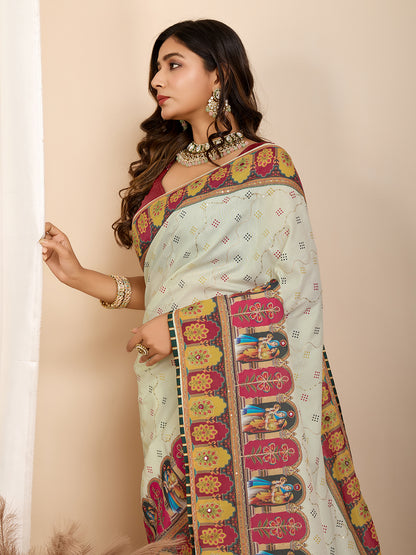 Aesthetic Muslin Cotton Printed Saree with Traditional Emboridery Motifs