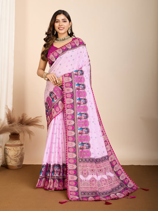 Aesthetic Muslin Cotton Printed Saree with Traditional Emboridery Motifs