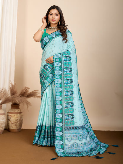 Aesthetic Muslin Cotton Printed Saree with Traditional Emboridery Motifs