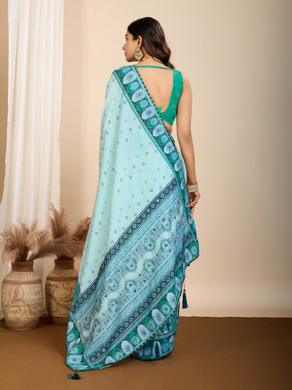 Aesthetic Muslin Cotton Printed Saree with Traditional Emboridery Motifs