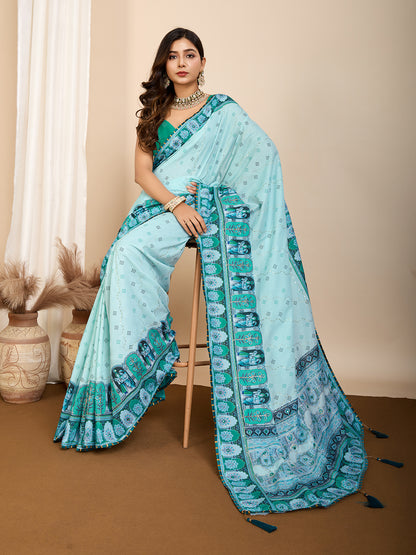 Aesthetic Muslin Cotton Printed Saree with Traditional Emboridery Motifs