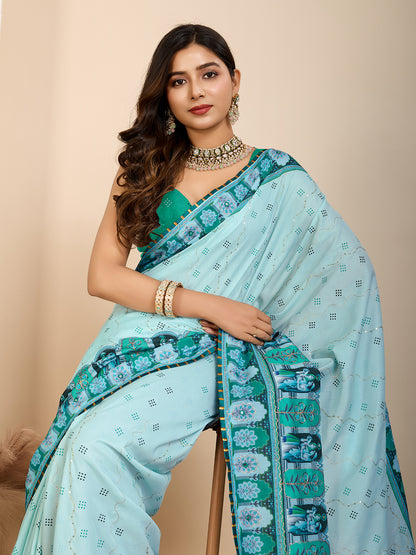 Aesthetic Muslin Cotton Printed Saree with Traditional Emboridery Motifs