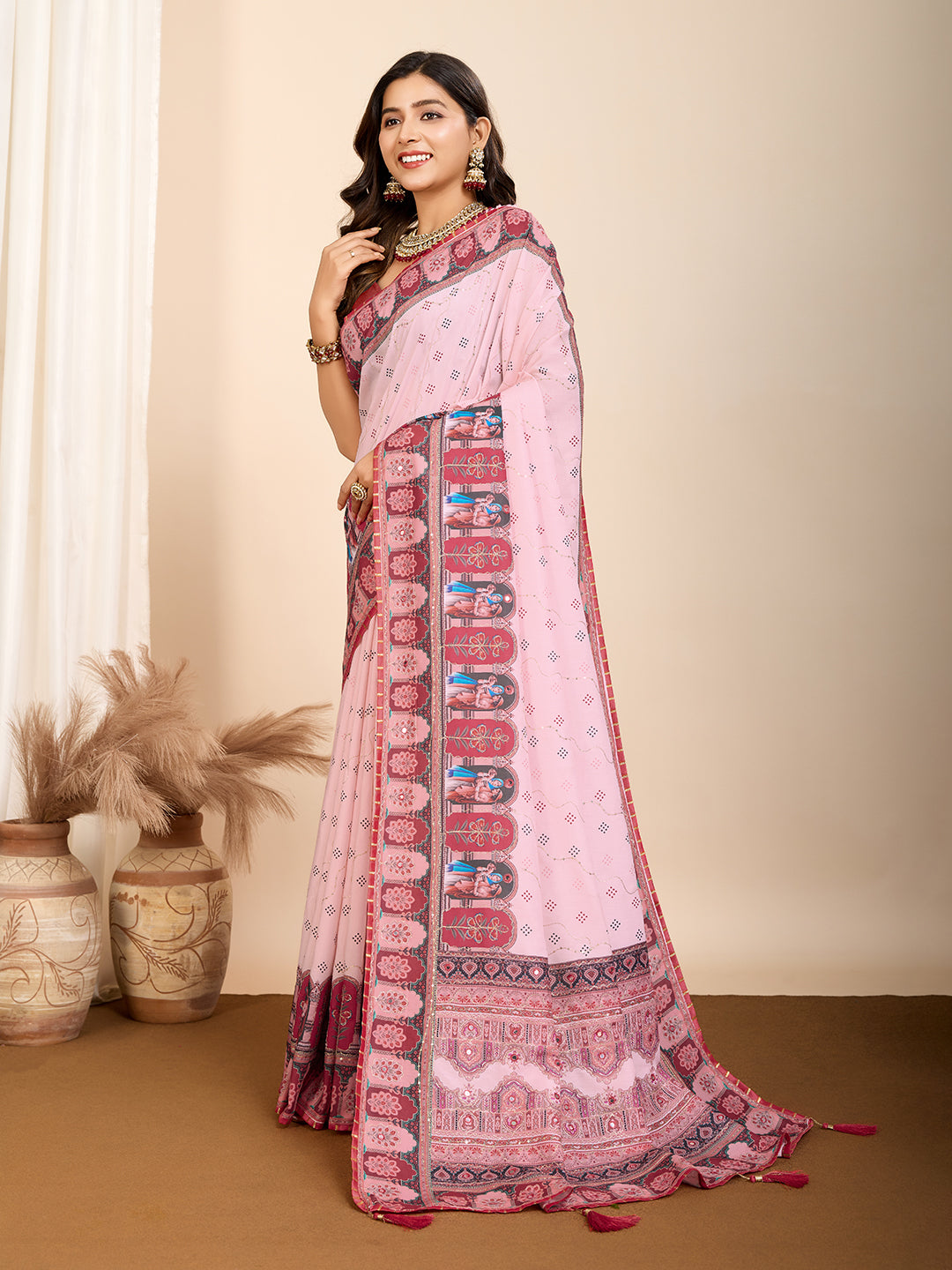 Aesthetic Muslin Cotton Printed Saree with Traditional Emboridery Motifs