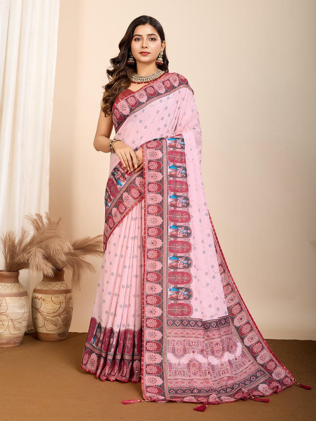 Aesthetic Muslin Cotton Printed Saree with Traditional Emboridery Motifs