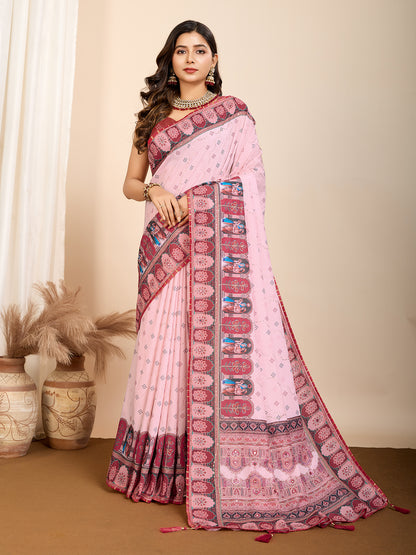 Aesthetic Muslin Cotton Printed Saree with Traditional Emboridery Motifs