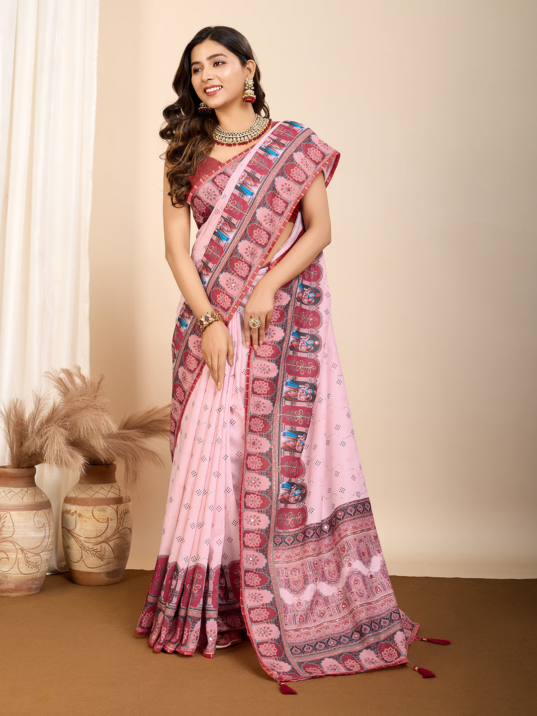 Aesthetic Muslin Cotton Printed Saree with Traditional Emboridery Motifs