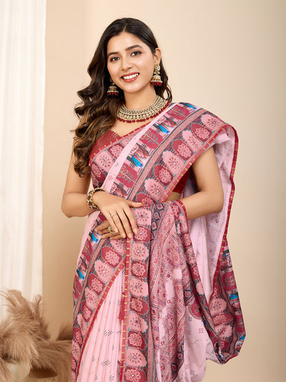Aesthetic Muslin Cotton Printed Saree with Traditional Emboridery Motifs