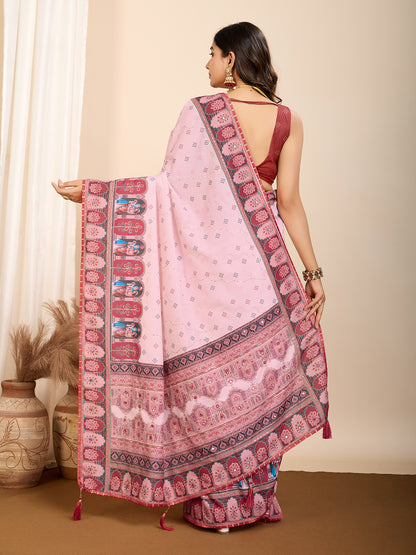 Aesthetic Muslin Cotton Printed Saree with Traditional Emboridery Motifs