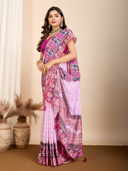 Aesthetic Muslin Cotton Printed Saree with Traditional Emboridery Motifs