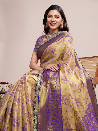 Traditional Pure Kanjivaram Silk Saree In Double Tone Color