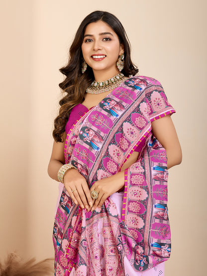Aesthetic Muslin Cotton Printed Saree with Traditional Emboridery Motifs