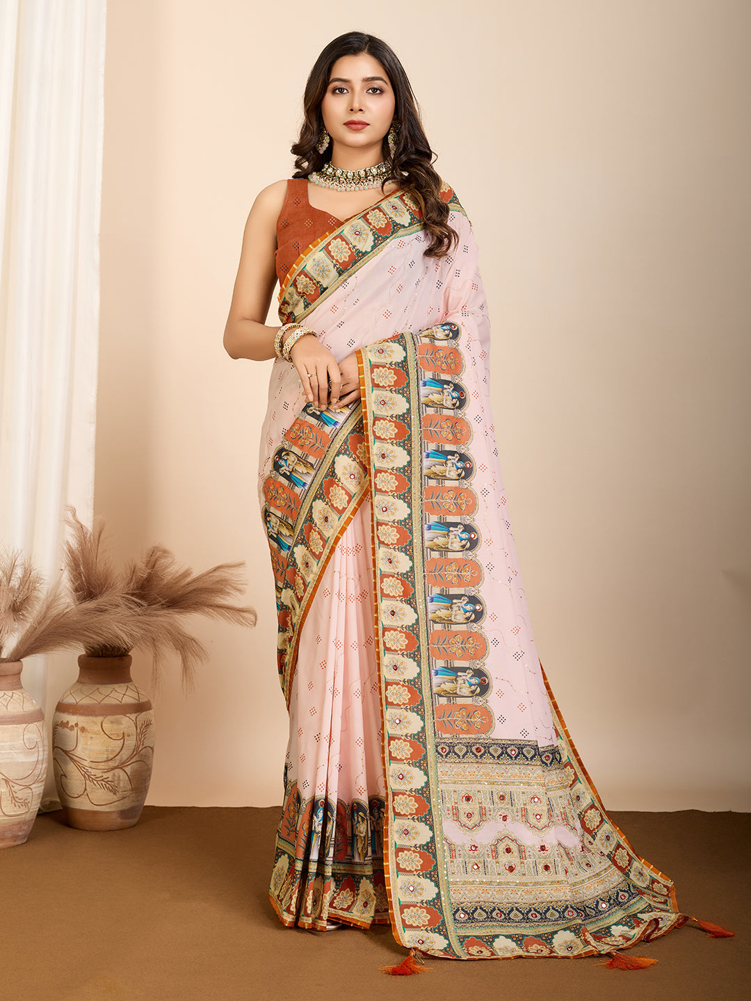 Aesthetic Muslin Cotton Printed Saree with Traditional Emboridery Motifs