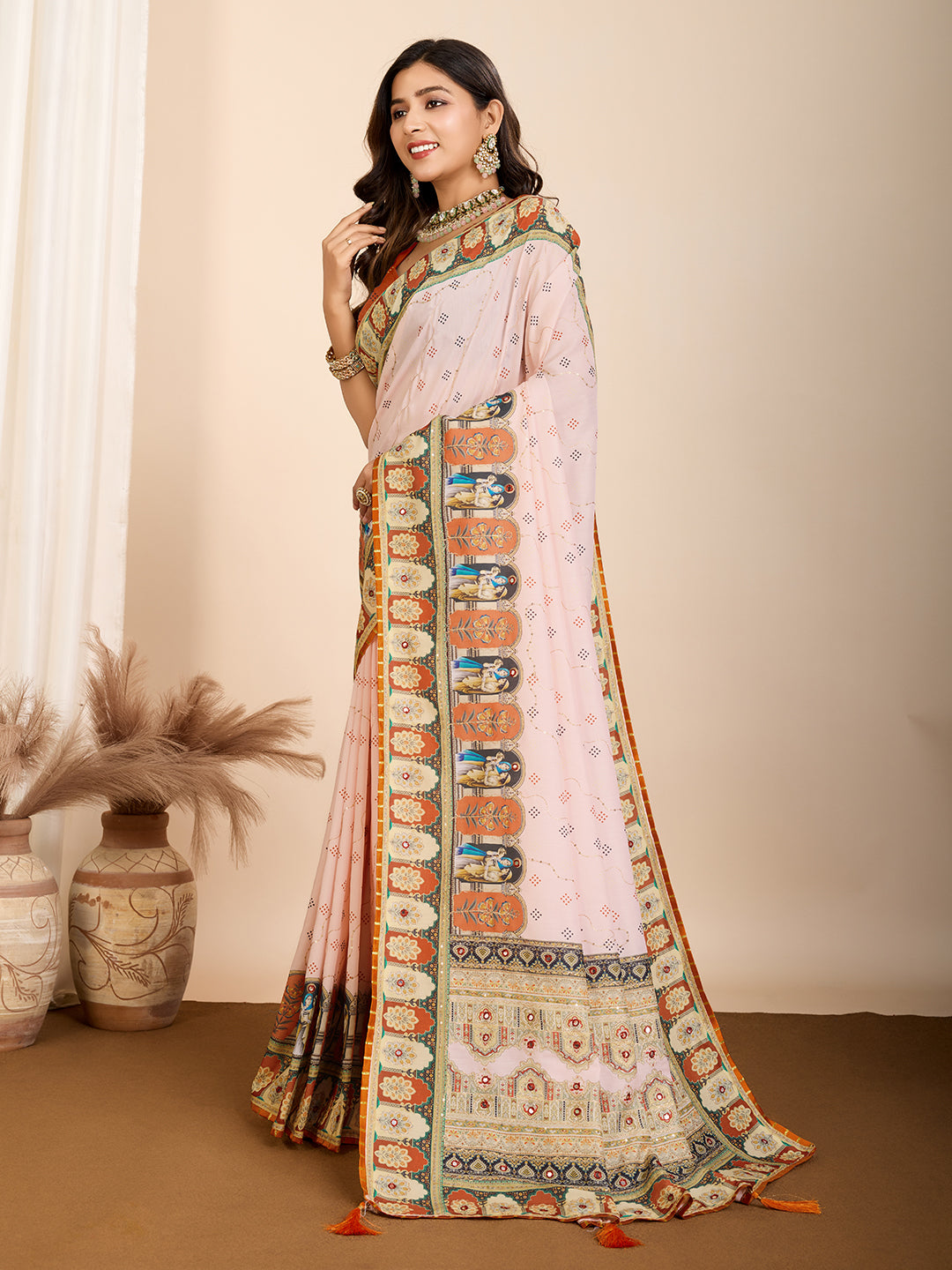 Aesthetic Muslin Cotton Printed Saree with Traditional Emboridery Motifs