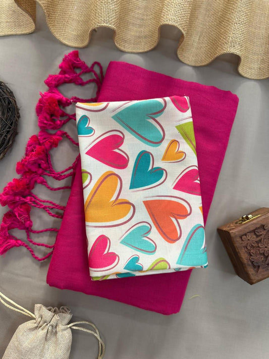 Pure Pink Handloom Cotton Saree With Heart Printed Blouse