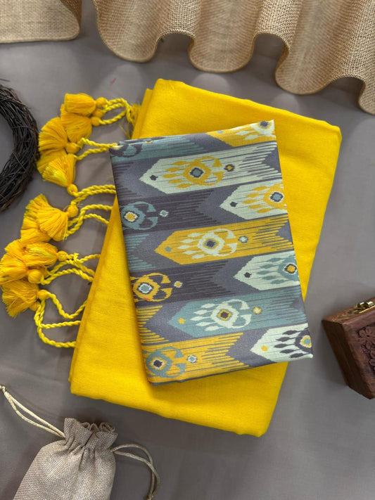 Yellow Handloom Cotton Saree With Ikkat Printed Blouse