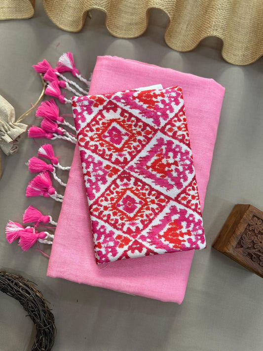 Baby Pink Handloom Cotton Saree With Cross Ikkat Printed Blouse