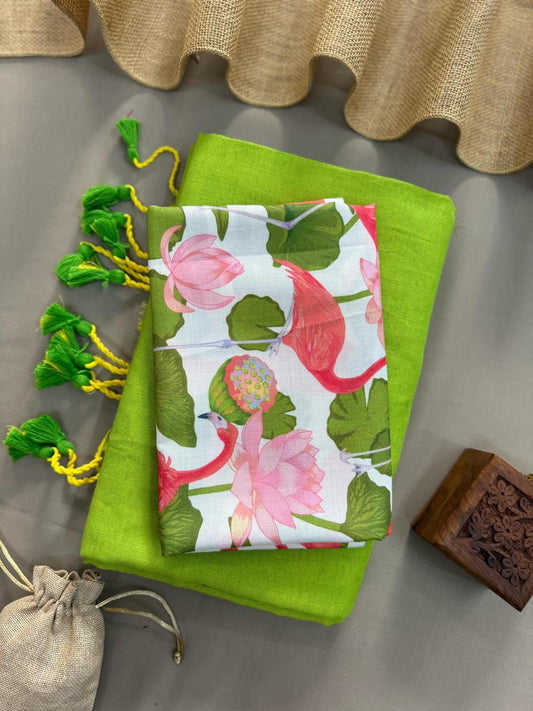 Parrot Handloom Cotton Saree With Lotus Printed Blouse