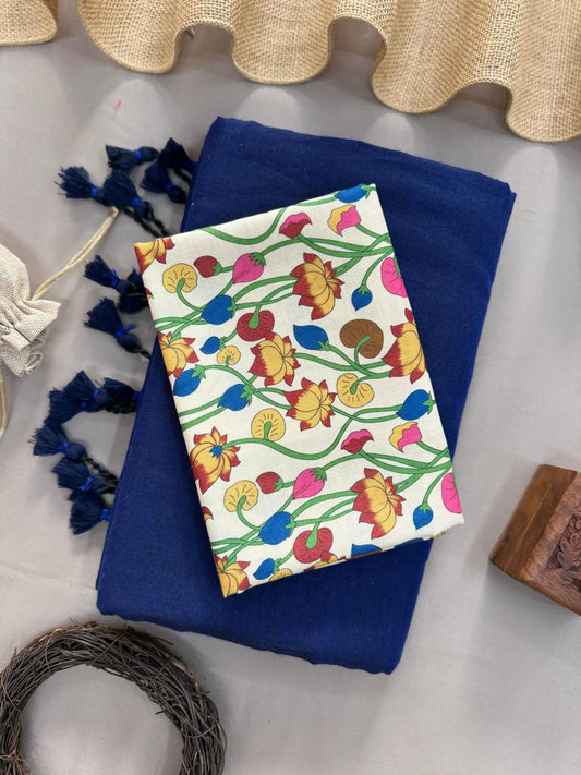 Dark Blue Handloom Cotton Saree With Lotus Printed Blouse