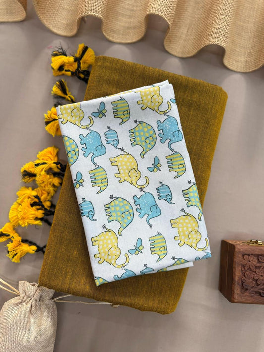 Mustard Yellow Handloom Cotton Saree With Elephant Printed Blouse