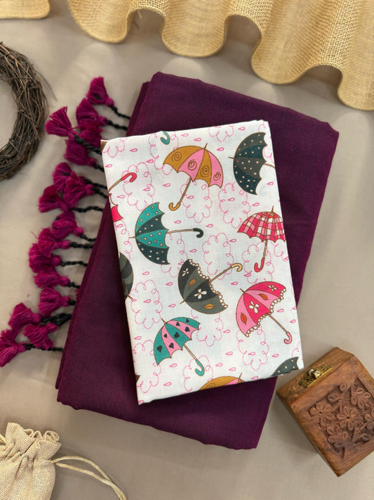 Pure Wine Handloom Cotton Saree With Umbrella Printed Blouse