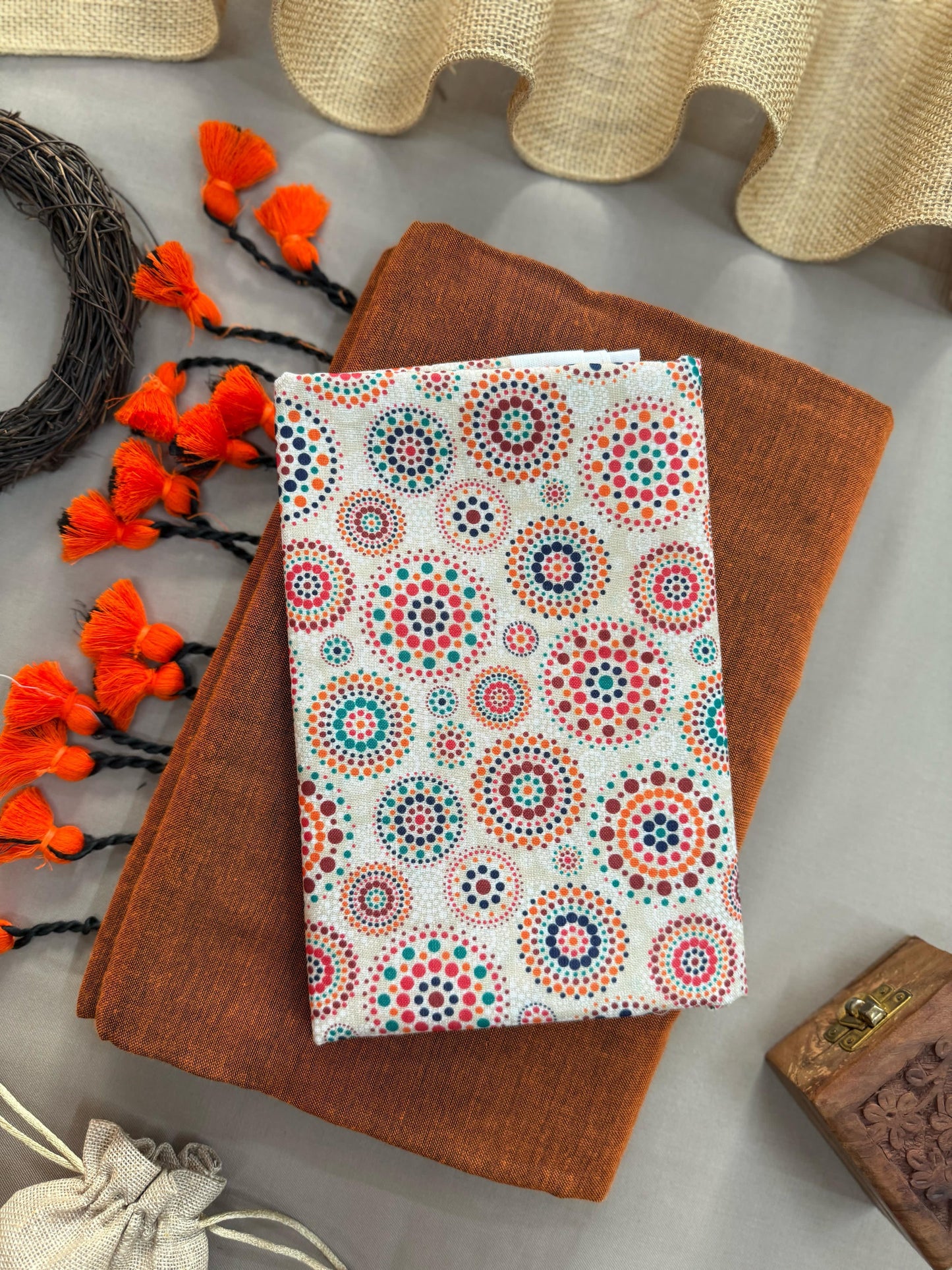 Orange Handloom Cotton Saree With Round Printed Blouse