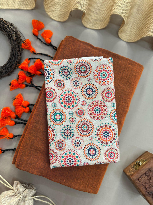 Orange Handloom Cotton Saree With Round Printed Blouse