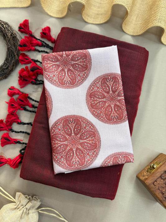 Maroon Handloom Cotton Saree With Round Printed Blouse