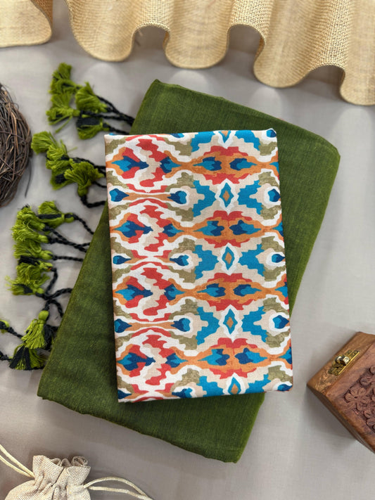 Pure Mehandi Handloom Cotton Saree With Ikkat Printed Blouse