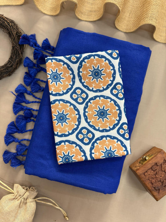 Blue Handloom Cotton Saree With Round Printed Blouse