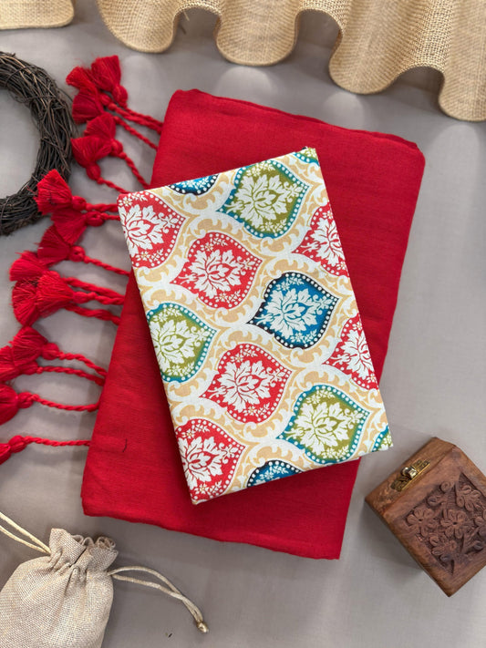 Pure Red Handloom Cotton Saree With Ikkat Paan Printed Blouse