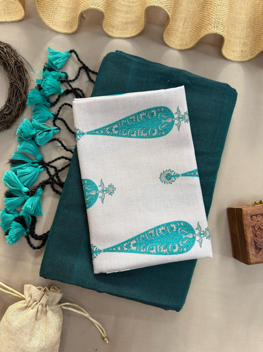 Rama Handloom Cotton Saree With Ikkat Paan Printed Blouse